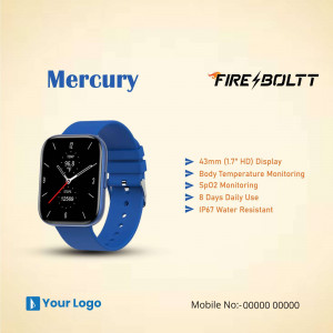 Fire-Bolt Mercury Smartwatch with blue strap displaying features