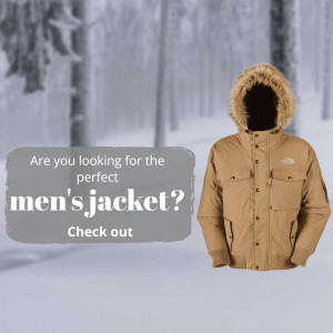 A tan colored The North Face men's winter jacket with a fur-lined hood against a snowy background.