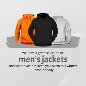 Three hoodies in orange, black, and white colors with text promoting men's jackets and winter wear.