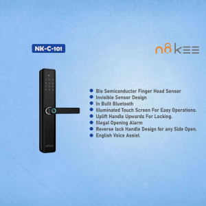 Black Nokee NK-C-101 smart door lock with fingerprint scanner and features list