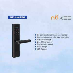 Black NoKee NK-S-101 Pro smart door lock with fingerprint scanner and key features listed.