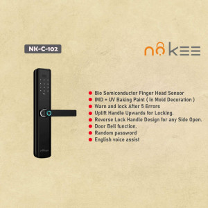 Black Nokee NK-C102 smart door lock with fingerprint sensor and features list.