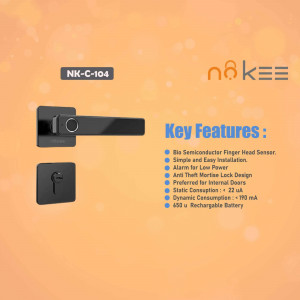 Black Nokē smart lock with key features listed