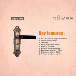 Close-up of a Noikee NK-C-106 smart door lock with key features listed.