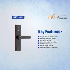Close-up of a No8kee NK-H-107 smart door lock with key features listed.