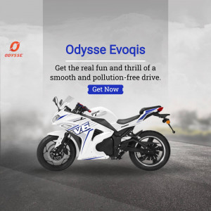 White Odysse Evoqis electric motorcycle on a blurred road background