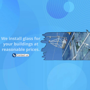 Image of glass installation with a building facade and contact information.