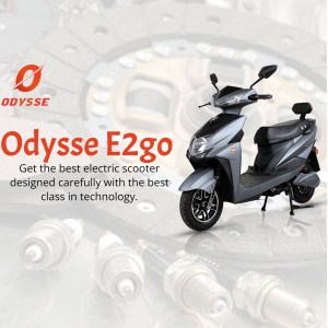 Odysse E2go electric scooter in gray color with engine parts in the background