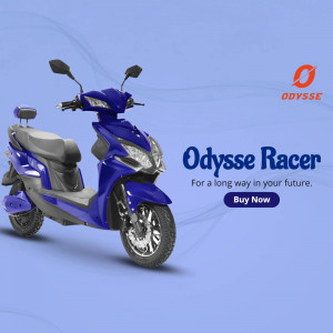 Blue Odysse Racer electric scooter with advertising text
