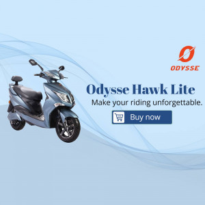 Odysse Hawk Lite electric scooter advertisement with a blue and white background.