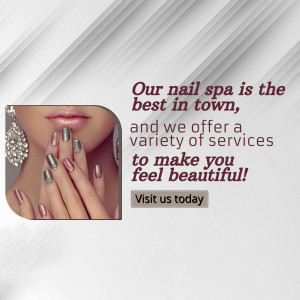 Close-up of manicured hands with silver and pink nail polish, advertising a nail spa.