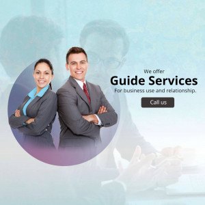 Two business professionals smiling and offering guide services