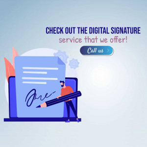Illustration of a digital signature service with a man signing a document on a laptop.