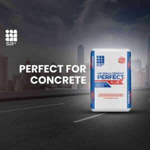MP Birla Cement Perfect Plus bag with a city skyline background