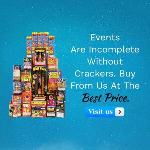 A stack of colorful firecrackers and fireworks with text promoting a sale.