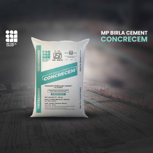 Image of a MP Birla Cement Concrecem bag with product details.