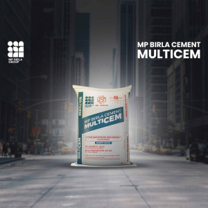 MP Birla Cement Multicem bag displayed in a city setting