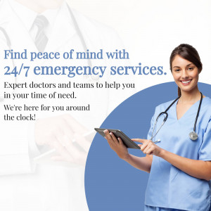 Doctor with stethoscope using a tablet, promoting 24/7 emergency services.