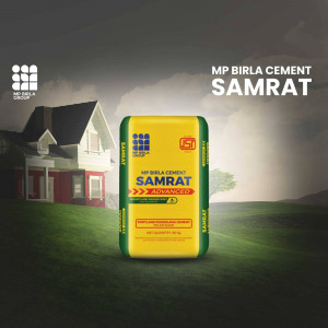 MP Birla Cement Samrat bag with a house in the background