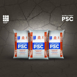 Three bags of MP Birla PSC Cement displayed against a cracked wall background.