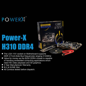 Power-X H310 DDR4 Motherboard product shot with packaging and components