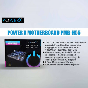 Image of Power X Motherboard PMB-H55 packaging and product details.