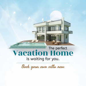 Modern villa with a pool and ocean view, advertising a vacation rental.