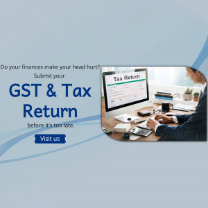 Image depicting a person working on a laptop with a tax return form displayed, promoting GST and tax return filing services.