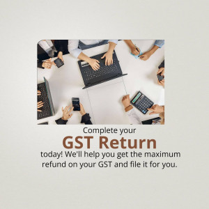 People working on laptops and phones with GST return text overlay