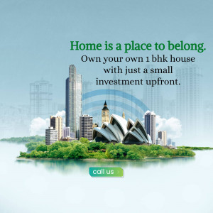 Advertisement for affordable 1 BHK houses with a cityscape background.