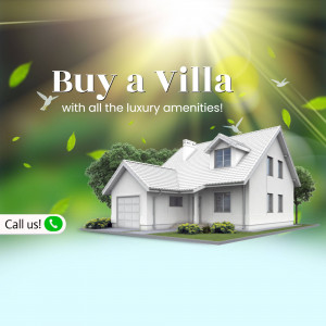 Image of a white villa with green surroundings and a call to action.