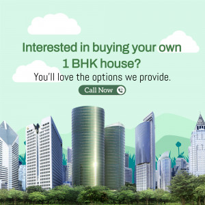Image advertising options for buying a 1 BHK house with a city skyline background.