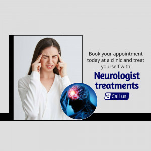 Woman experiencing a headache with a graphic representing neurological treatments and a call to action.