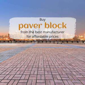 Paver blocks with a city skyline in the background and text promoting affordable prices.