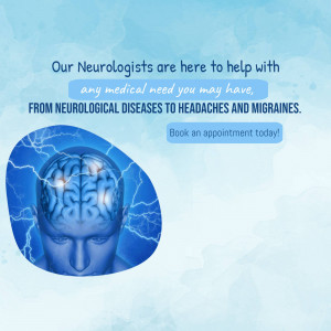 Image depicting a human head with brain activity and text promoting neurological services.