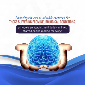 Hands cradling a blue brain with text about neurologists and neurological conditions.