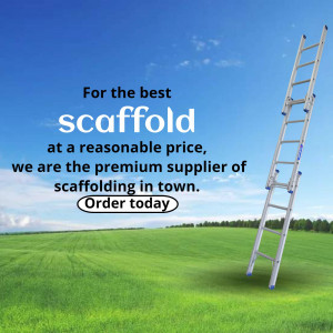 Scaffolding advertisement with a ladder against a blue sky