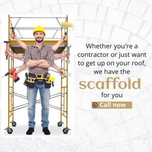 Man with multiple arms holding construction tools in front of a scaffold, advertising scaffold rental services.