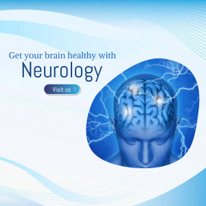 Image depicting a human head with a glowing brain and electrical activity, promoting neurology services.