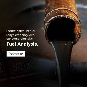 Close-up of dark liquid flowing from a rusty pipe, with text promoting fuel analysis.