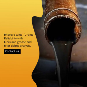 Close-up of black oil flowing from a rusty pipe, with text promoting wind turbine reliability services.