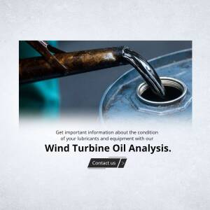 Close-up of oil being poured into a container with text about wind turbine oil analysis.