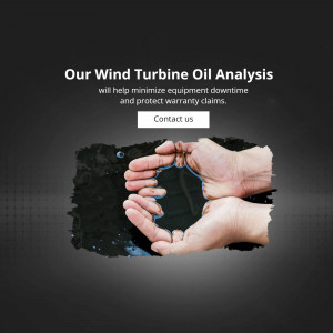Hands holding oil with wind turbine blades in the background, promoting oil analysis services.