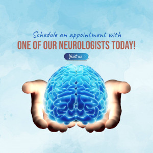 Hands holding a glowing blue brain with text promoting neurology appointments.