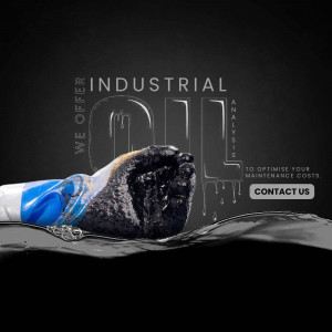 Close-up of black oil dripping from a test tube into water, with text 'Industrial Oil Analysis'