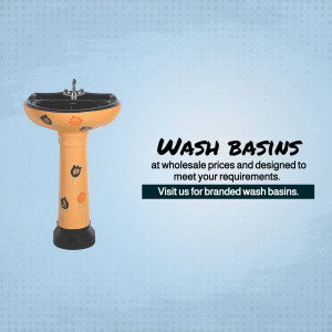 Orange and black wash basin with text promoting branded wash basins