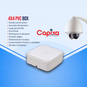 White 4x4 PVC box for security camera mounting with Capixa logo