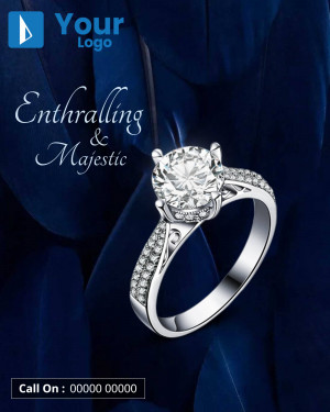 Close-up of a sparkling diamond ring on a blue background with logo and call to action.