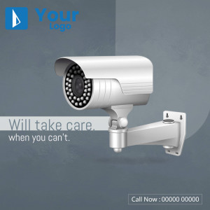 A white security camera mounted on a wall with a blue background and text.