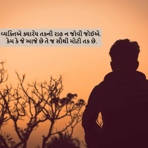 Silhouette of a man looking at a sunset with Gujarati text.